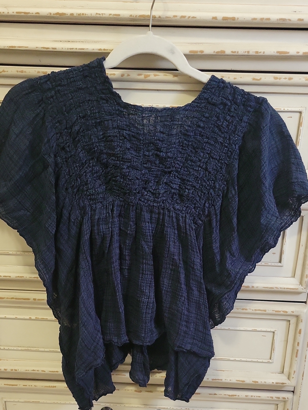 Free People Navy Smocked Peasant Top